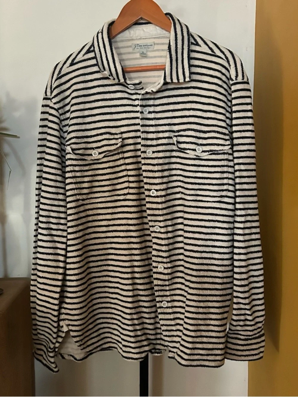 J. Crew Knit Goods Men's XL French Terry Striped Button Up Shirt Navy Blue White